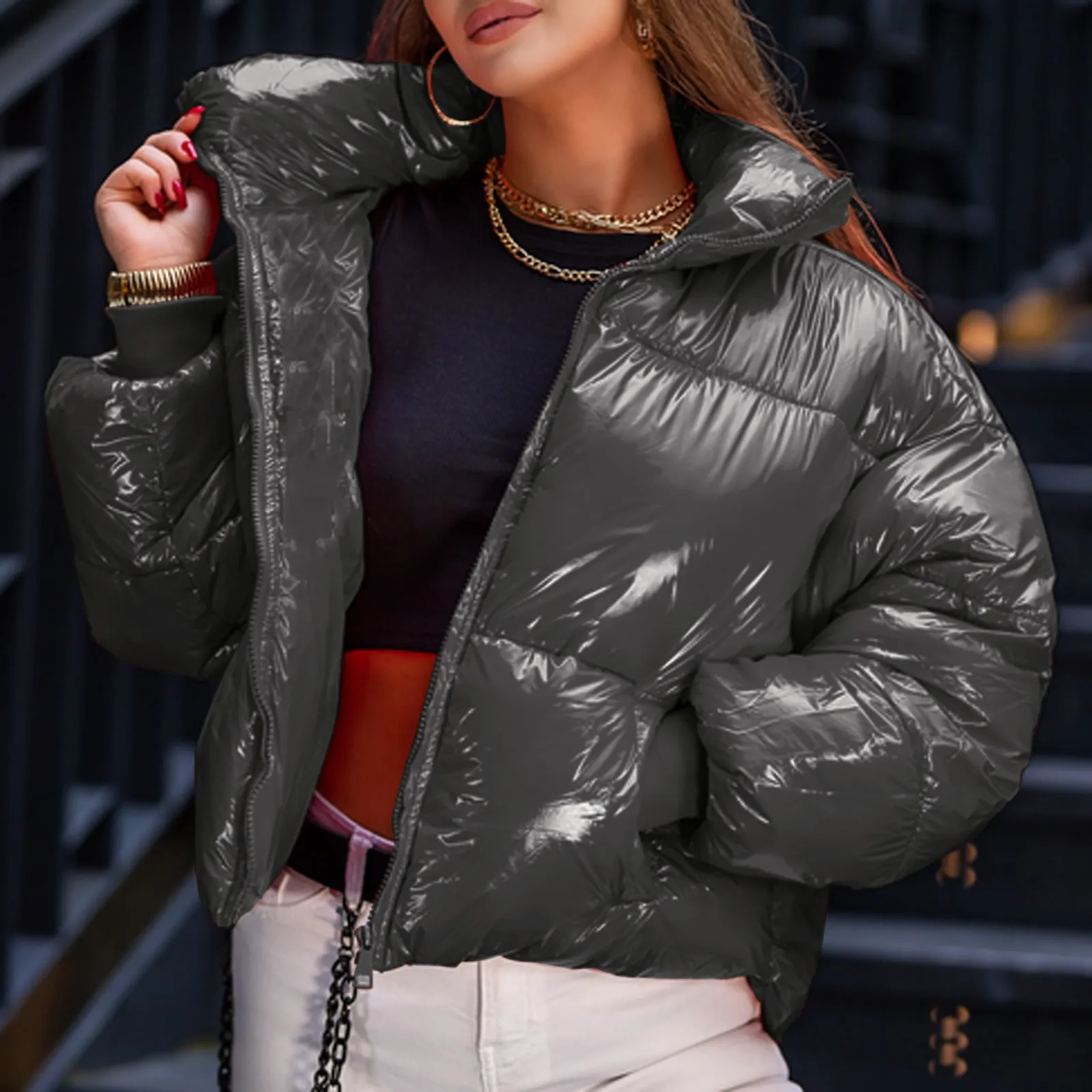 Women Shiny Cloth Stand-Up Collar Jacket Short Parkas Coat Shiny Metal Oversize Down Jacket Padded Cotton Zipper Coats Outerwear