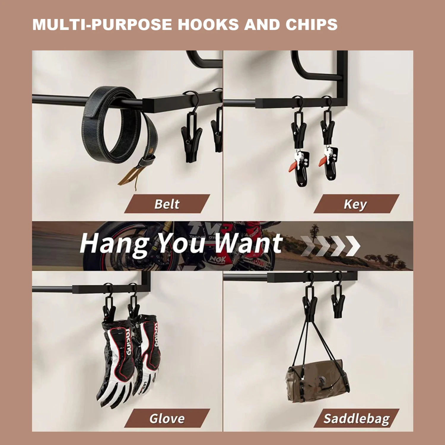 Motorcycle Helmet Holder, Wall-Mounted Rack With 4 Glove Chips & Hooks, Bike Helmets Storage Organizer For Helmets Gear Clothes image 5
