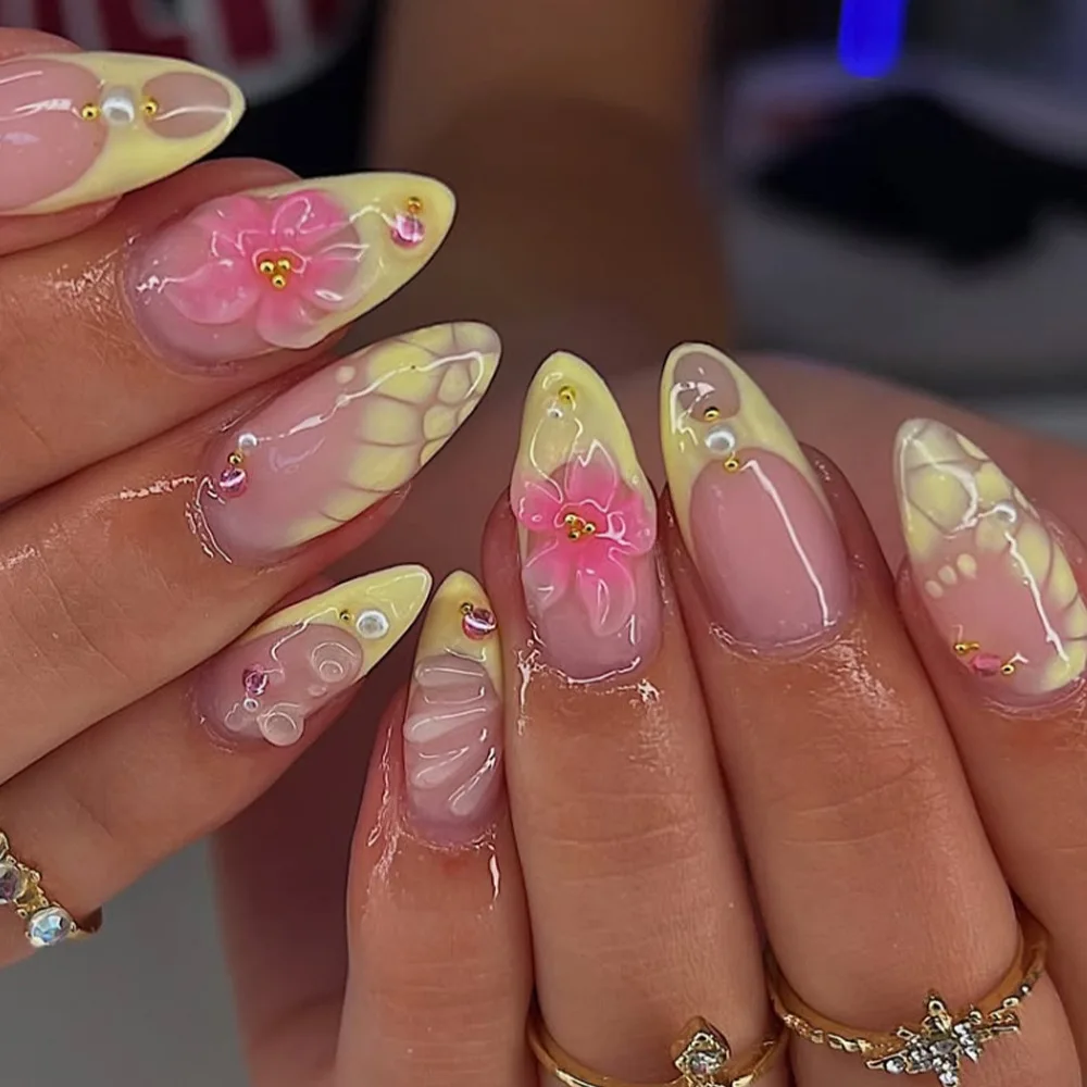 

24PCS Pastel Yellow Pink Almond Press on Nails 3D Flower Shell Design Pearl Rhinestone Mermaid French Style Reusable False Nails