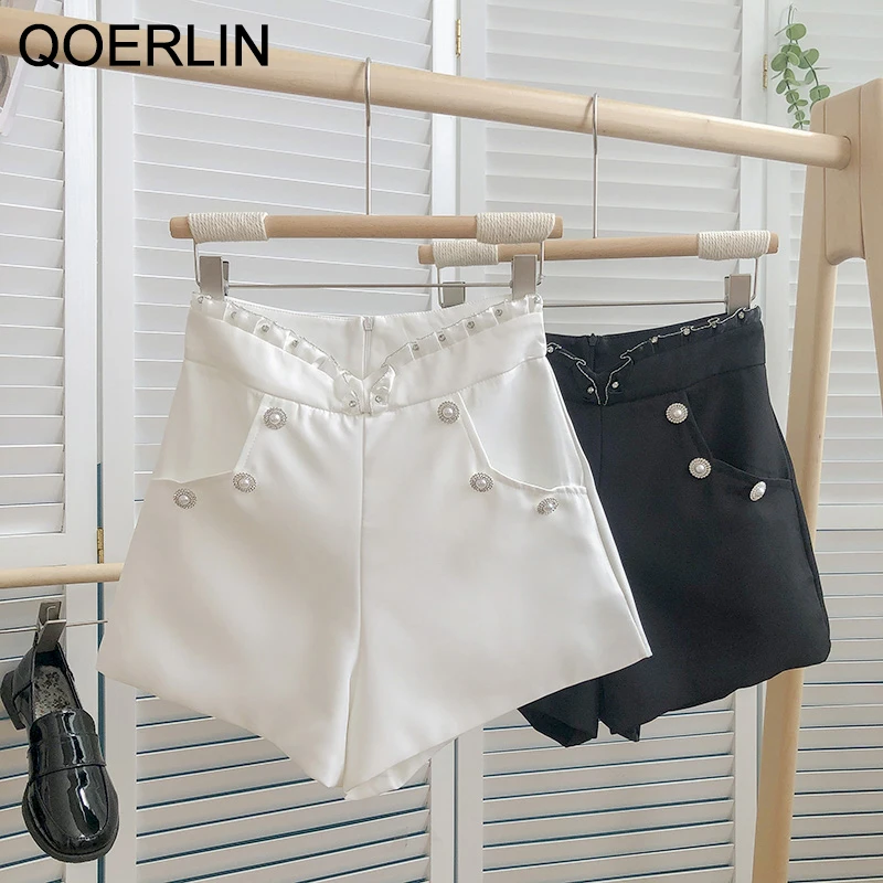 QOERLIN OL Ruffled High Waist White Suit Shorts Summer Elegant Beading Pocket  Black Shorts Korean Loose Back Zipper Work Wear