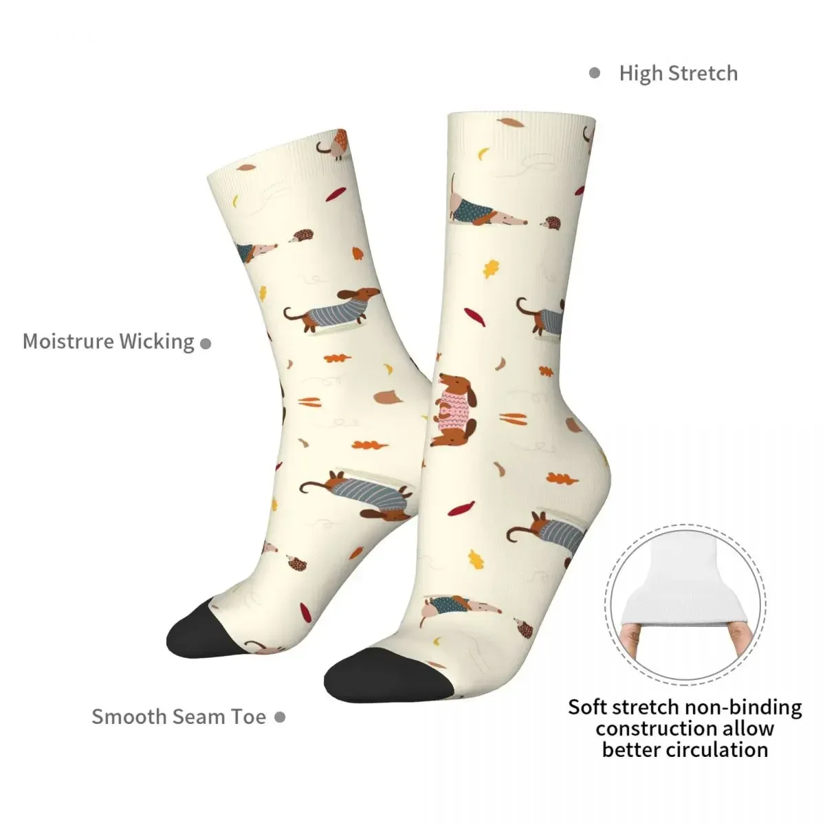 Cute Dachshunds In Winter Sweaters With Autumn Leaves Socks Harajuku High Quality Stockings All Season Long Socks Unisex Gifts