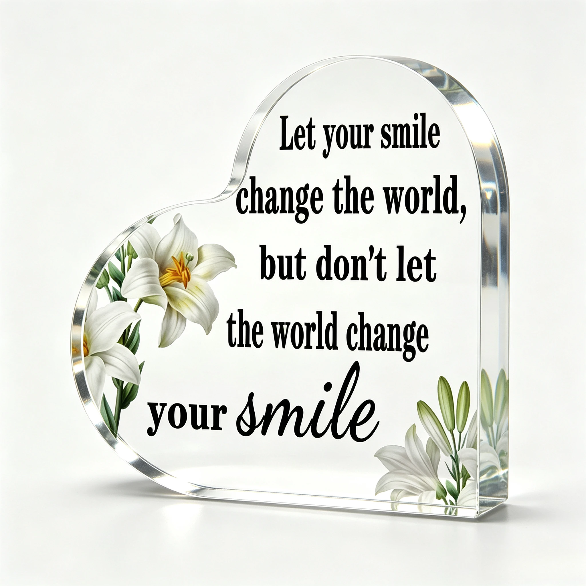 White Lily Floral Heart‑Shaped Acrylic Sign, Motivational Self‑Affirmation Desktop Keepsake Ornament