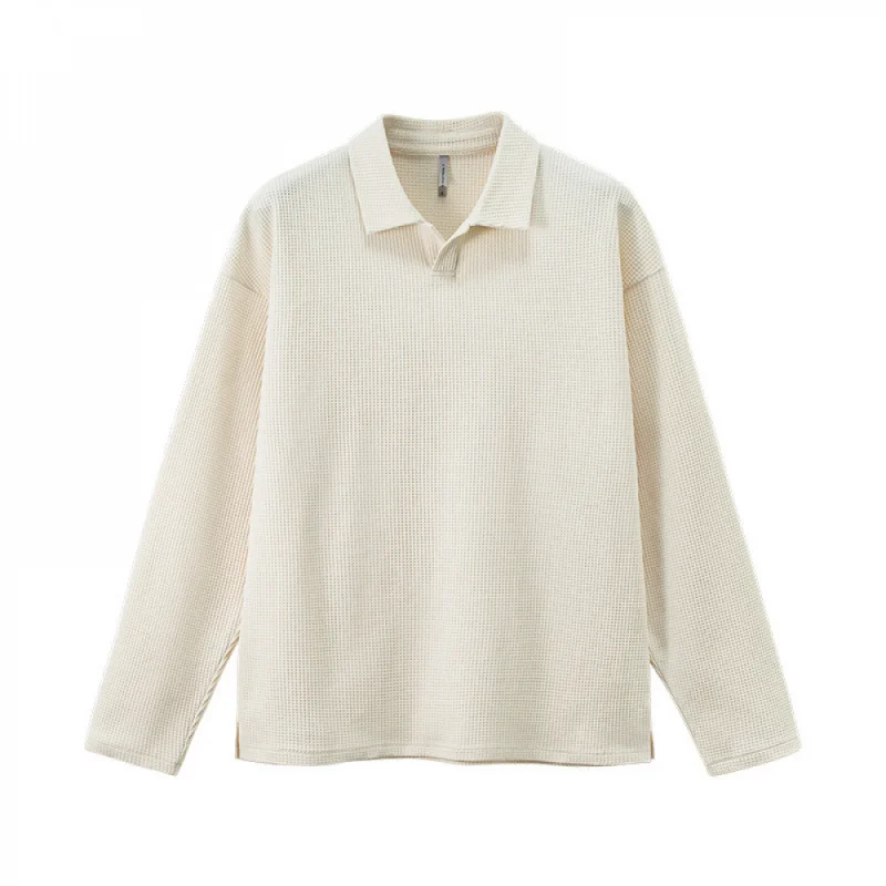 

Men's Waffle Knit Seagull Collar Long Sleeve T-Shirt, 2025 Autumn New Trendy Brand Casual Plain Lapel Top