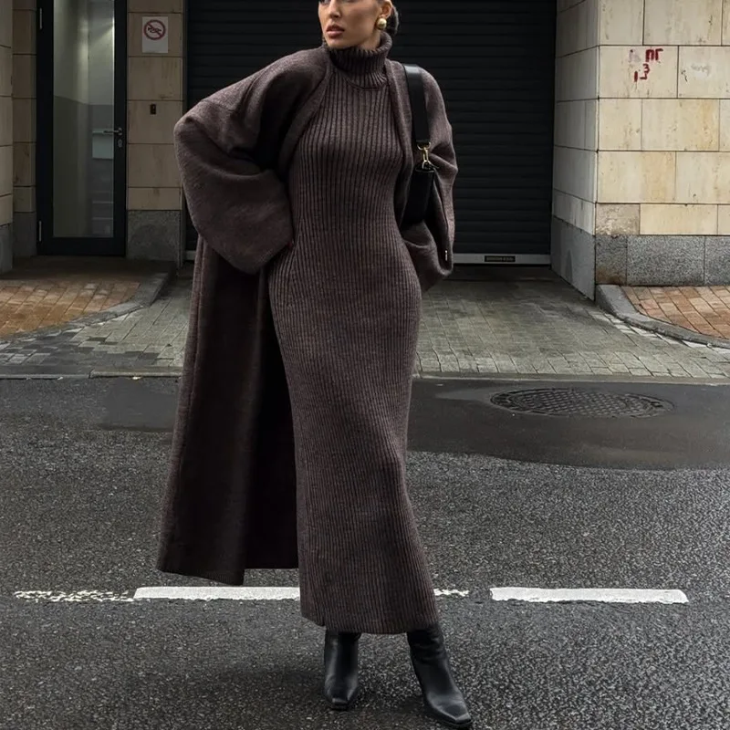 

Осень-зима 2025 г., русское длинное платье с высоким воротом, кардиган, халат, пальто, свитер, комплект для женщин