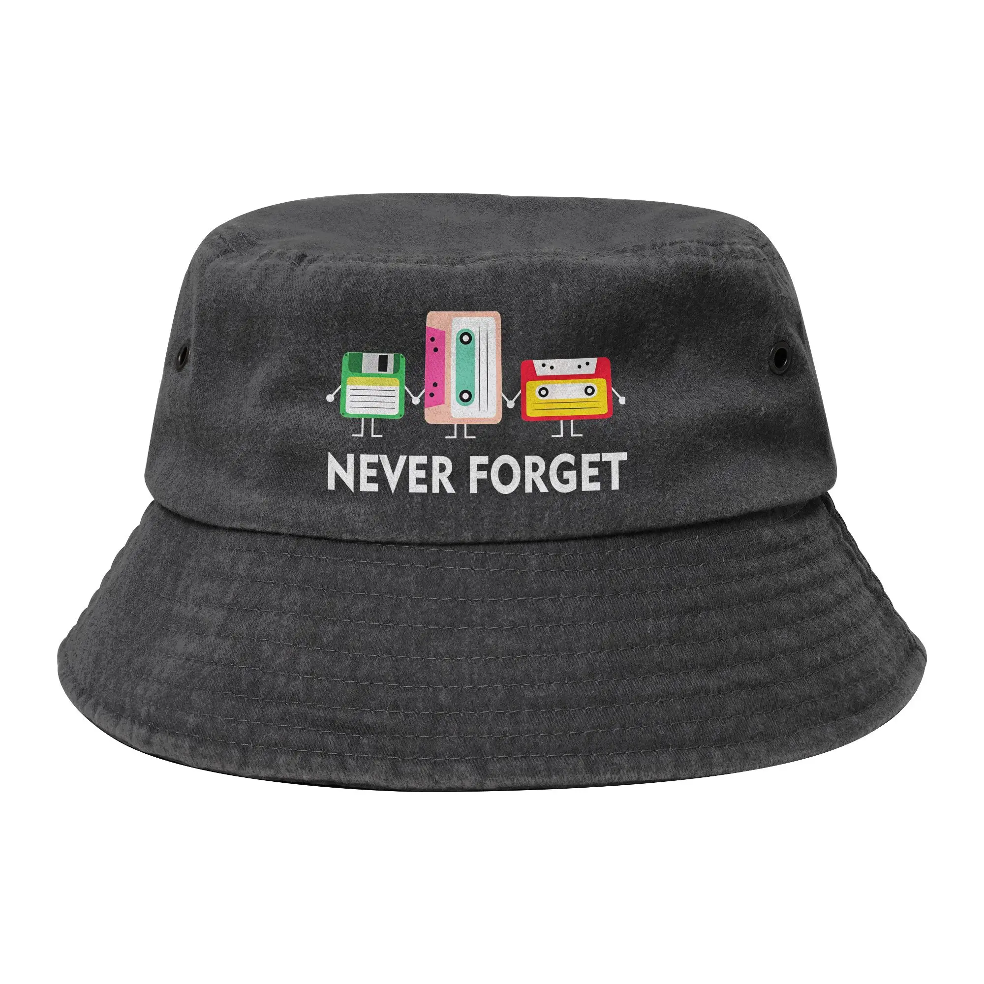 Never Forget VHS Tape Cassette Bucket Hats for Women Men Summer Vocation Distressed Washed Sun Hat for Outdoor Sport Fishing Cap