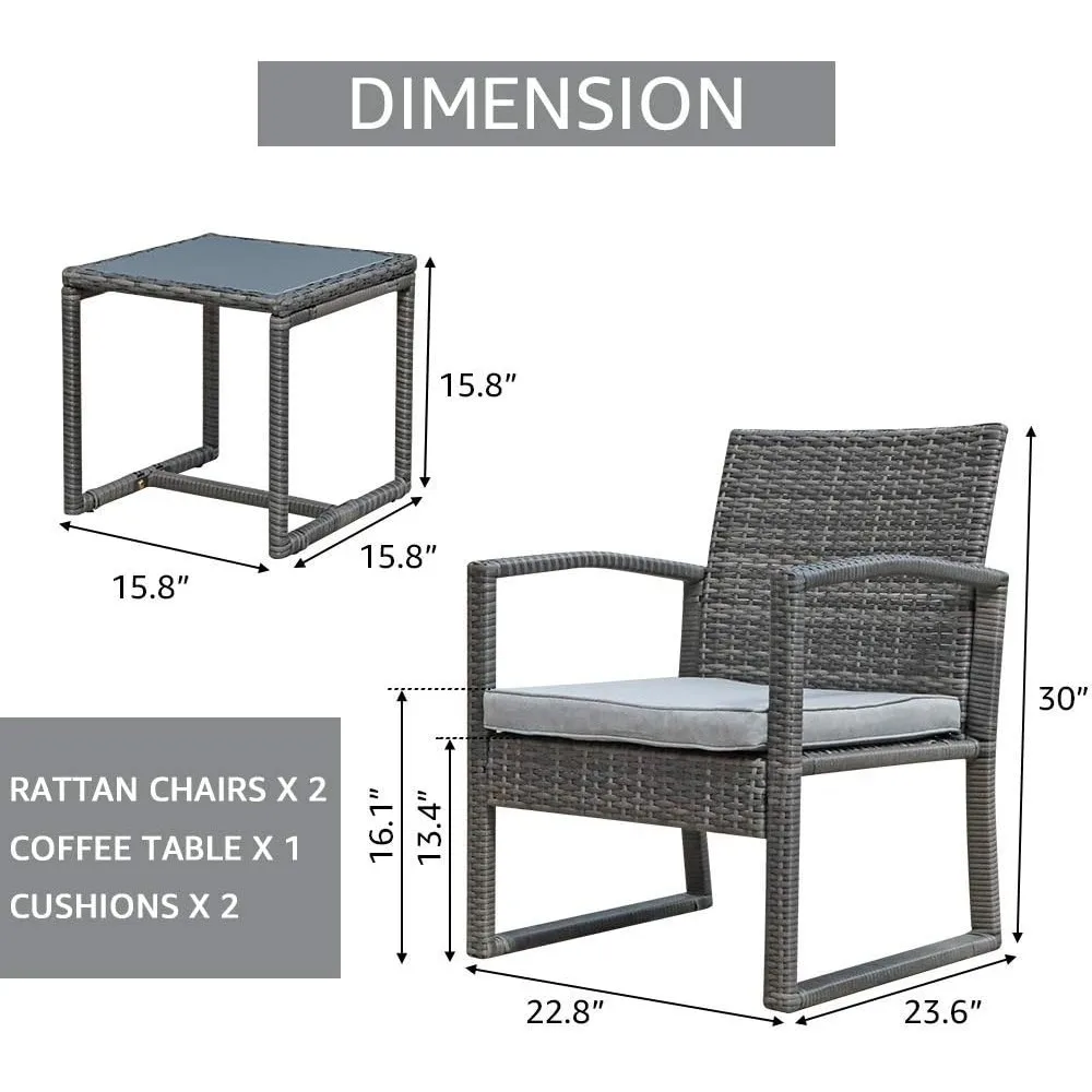 Juego de muebles de patio al aire libre de 3 piezas, juego de conversación de mimbre para exteriores, juego de sillas de ratán para patio, juego de bistró moderno con café