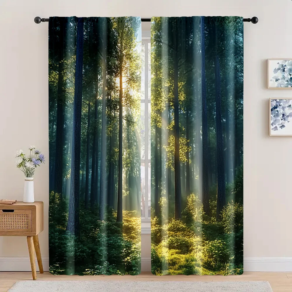 2-piece set, curtains, forest trees, sunshine printed fabric, no electricity spring decoration, very suitable for holiday