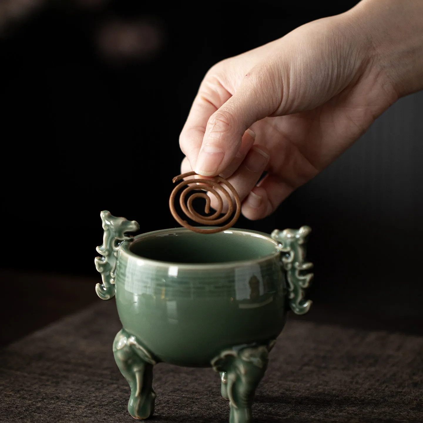 Yue Kiln Celadon Elephant Foot Incense Burner, Indoor Three-legged Ceramic Stick & Coil Incense Holder, Zen Ornament