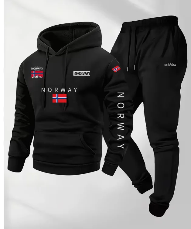 2-teiliges Cartoon-Set mit Kapuzenpullover und Jogginghose mit norwegischem Buchstabenmuster und Kordelzug |   Lässiger Kapuzenpullover, leicht dehnbarer Stoff, Grafikdesign,