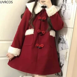 Winter Red Christmas Kawaii Wool Coat Women Loose Japanese Sweet Lolita Outwear Jacket Female Korean Style Pockets Warm Overcoat