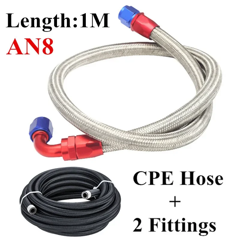 AN8 1M Nylon Stainless Steel Braided CPE Fuel Line Hose Pipe Fitting Kit with 0/45/90/180 Degree Swivel Hose Fitting Adapter