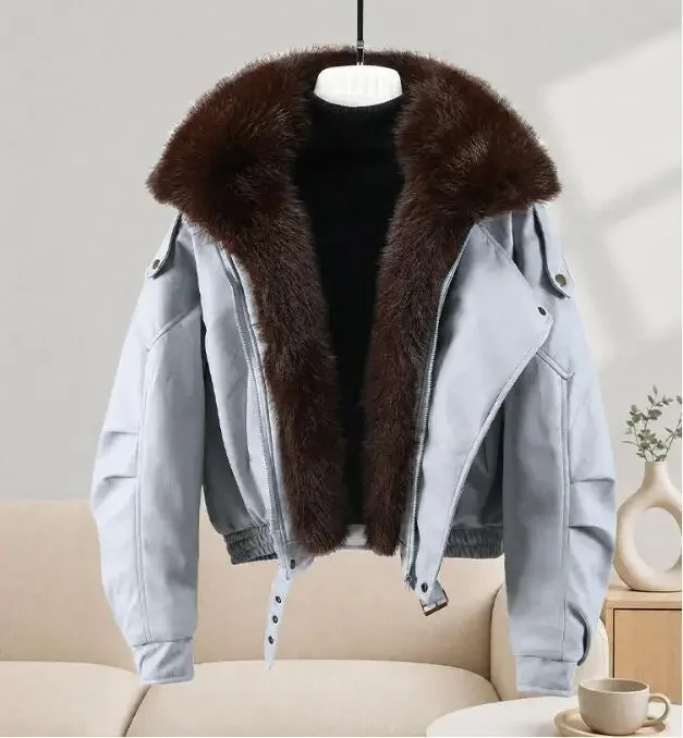 2026 High-quality Leather Jacket New Women's PU Black Leather Coat Winter Fur Collor Short Puffer Parkas Fur Outwear