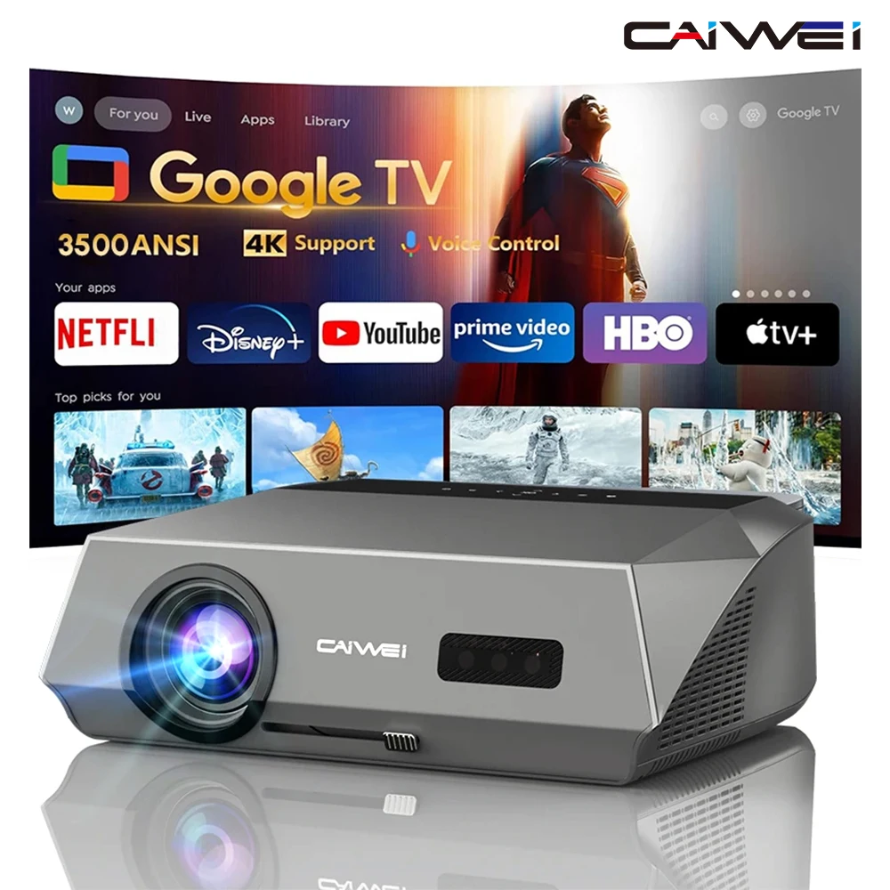 CAIWEI A10Q Proiettore certificato Google 4K 1080P Full HD Messa a fuoco automatica Alta luminosità 3500 Ansi WiFi6 Proiettore a fascio Home Theater