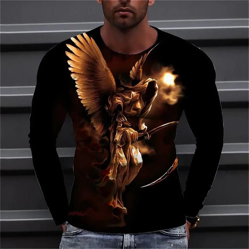 Autumn Men\'s Clothing Long Sleeve Round Neck T-shirt Fashion 3D Horror Elements Skull Graphic t Shirts Casual Street y2k tops