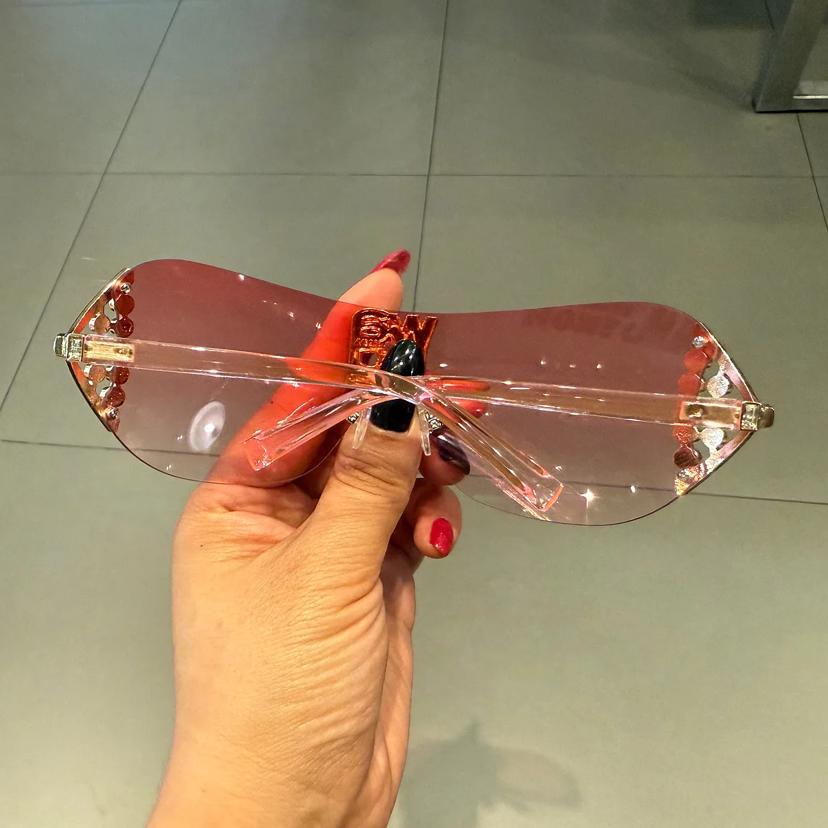 النظارات الشمسية النسائية الفاخرة y2k بدون شفة مع حجر الراين خطابات العلامة التجارية مصمم نظارات شمسية للخارجية UV400 هلالات دي سولي #4