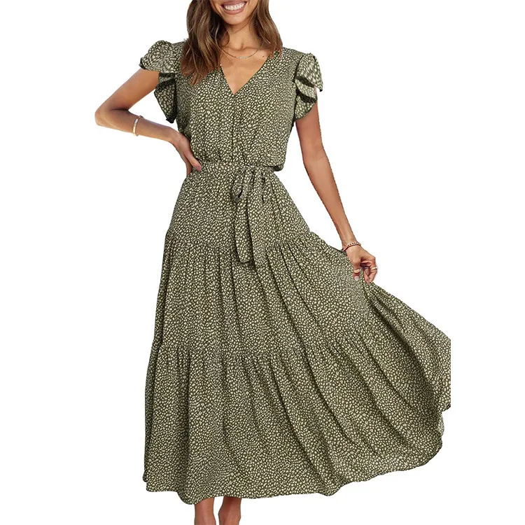 Verão floral envoltório com decote em v plissado a linha cinto em camadas estilo boêmio vestido elegante casual longo vestido floral para mulher