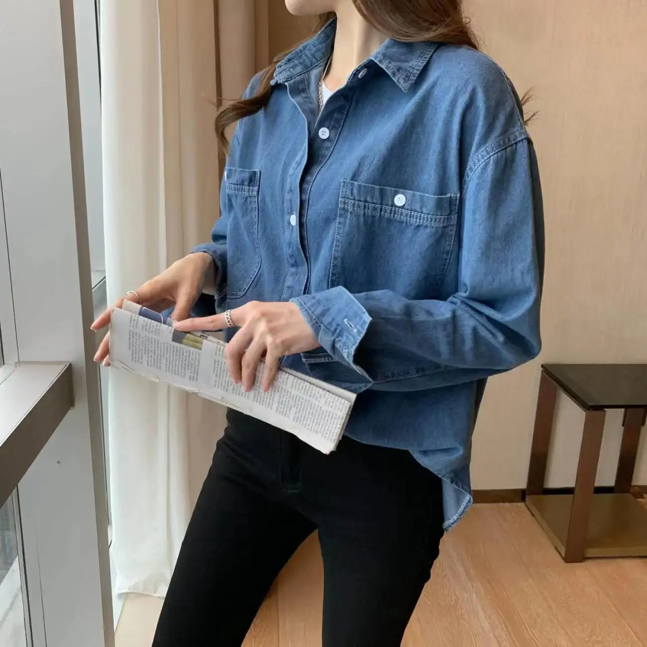 Spring and Autumn New Denim Shirt for Women Loose Medium to Long Sized Student Ins Super Popular Retro Collar Long Sleeve Trendy