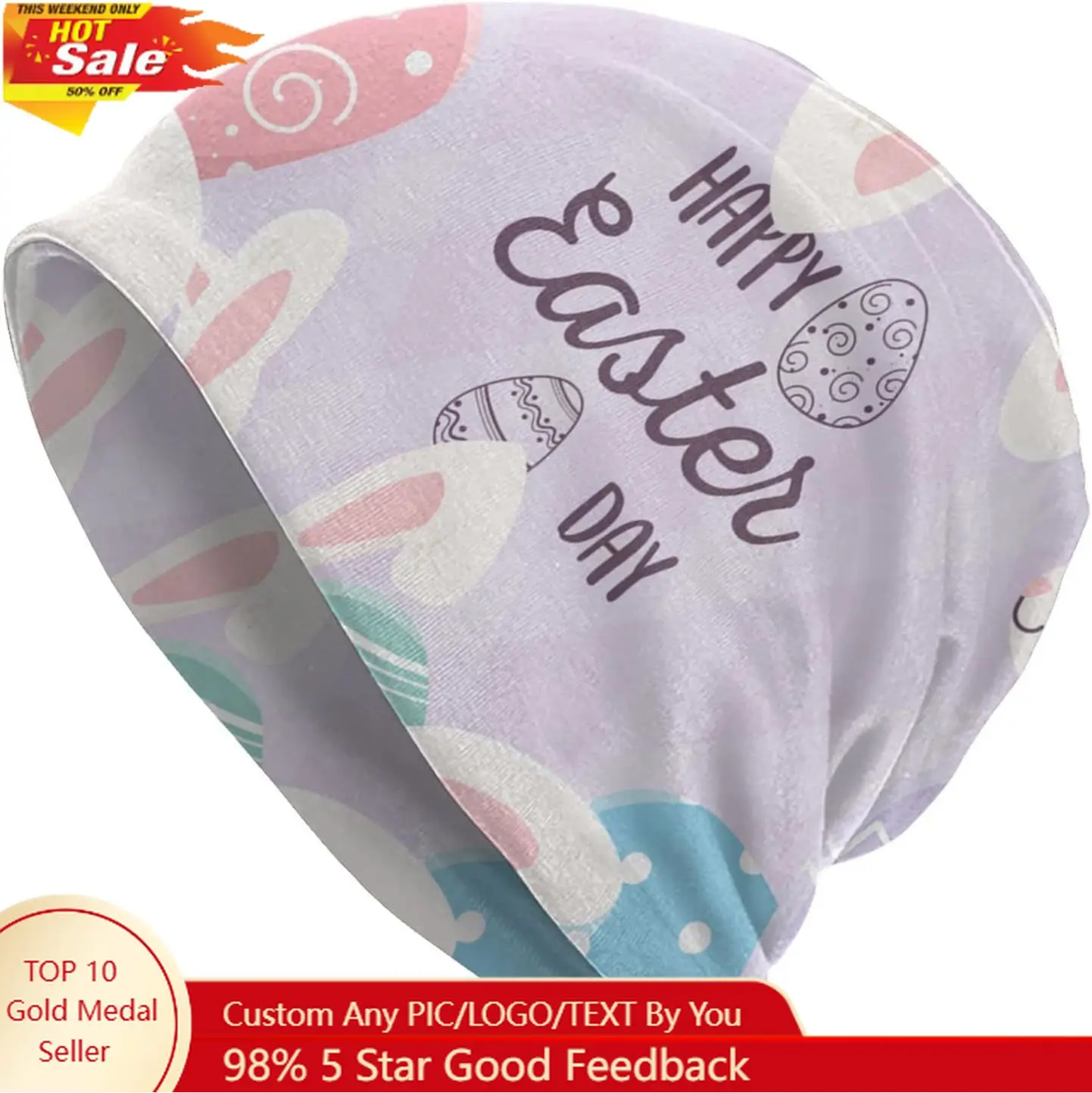 

Happy Easter Day Beanie Standard Closed Chemo Knitted Hats Baggy Slouchy Skull Cap Cancer Headwear for Women Men