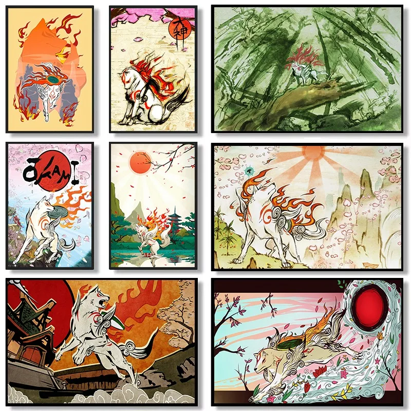 Action Adventure Game Okami Poster Wolf Japanese Gods Ink Painting Style Anime Canvas Picture Wall Art Living Room Home Decor