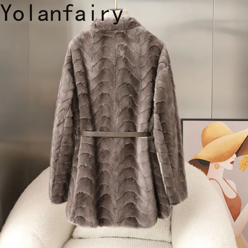 YOLANFAIRY Hoge Kwaliteit Splicing Nertsen Bontjas Vrouwen Herfst Winter Mid-lengte Echt Bont Jas Nertsen Jassen Elegante Lace-up Abrigos