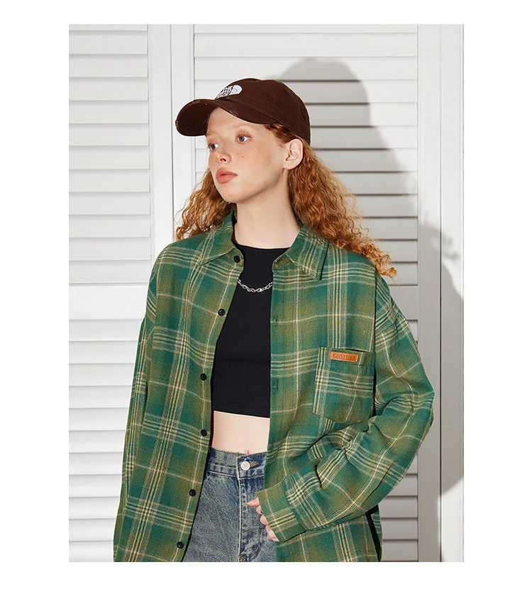 

Американская ретро-рубашка в зеленую клетку с длинным рукавом, весна-осень 2026, свободная повседневная модная универсальная блузка оверсайз на пуговицах