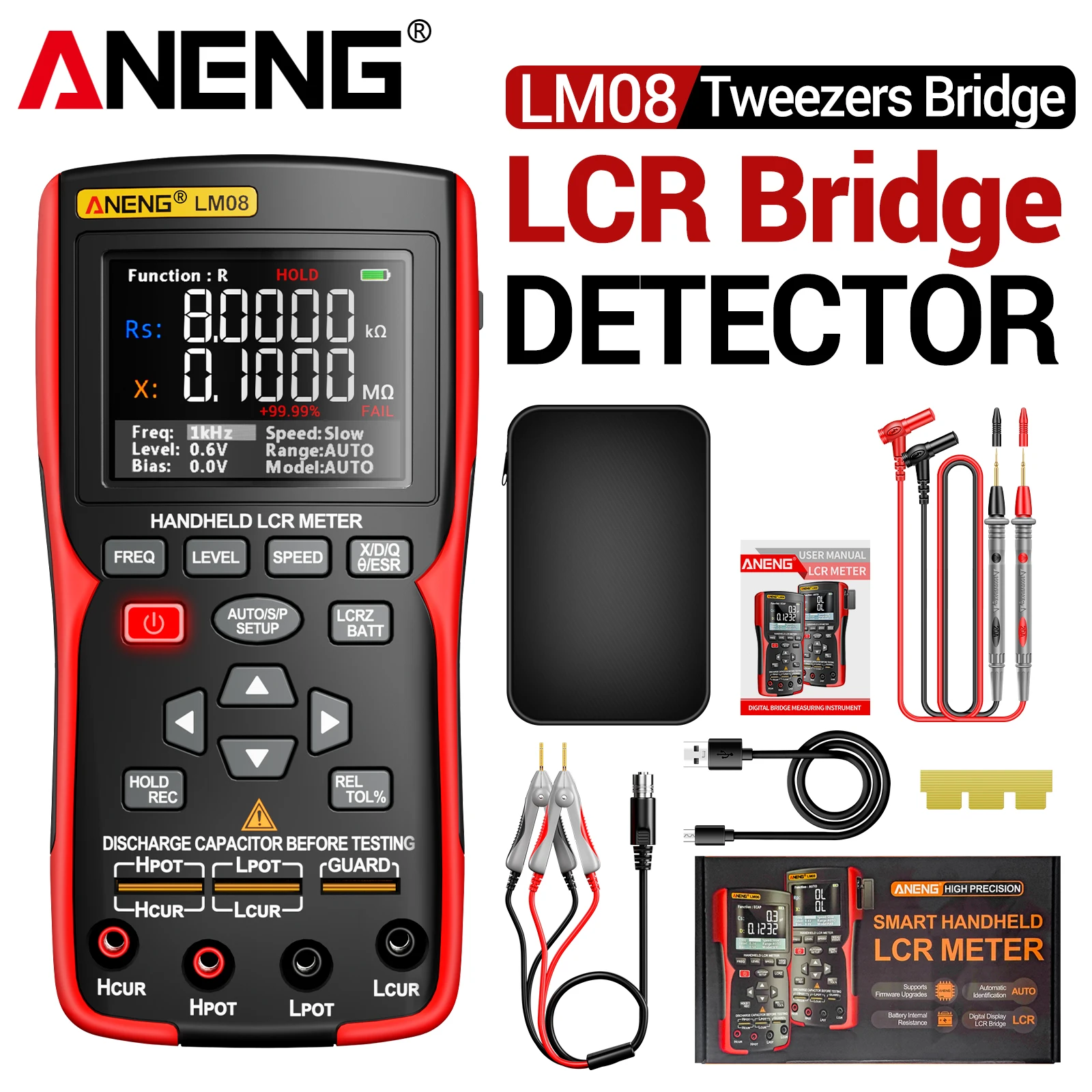 Testador digital LCR de alta precisão ANENG LM08, instrumento de medição de componentes de resistência, capacitância, indutância e impedância.