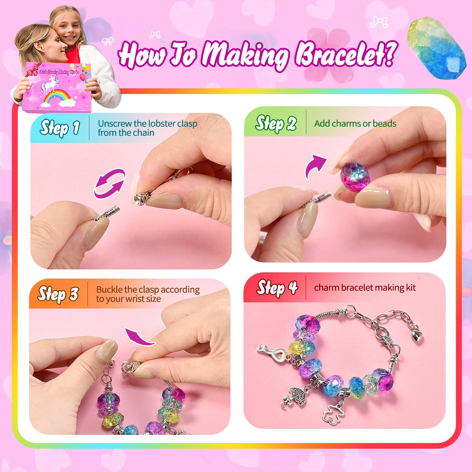 Kit de fabricación de collares y pulseras con dijes para niñas, suministros de joyería para niños, juego de manualidades de arte creativo, 218 piezas