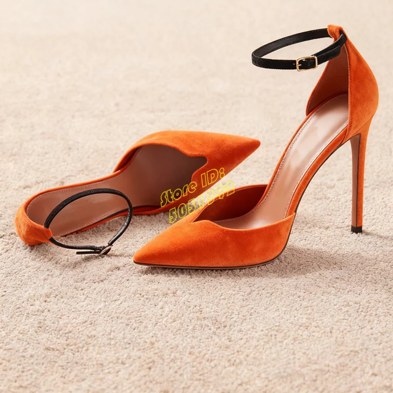 

Suede Sexy Pointy Toe Pumps Ankle Buckle Strap Stiletto Thin High Heel Runway 2026 Autumn Spring Women Dress Shoes