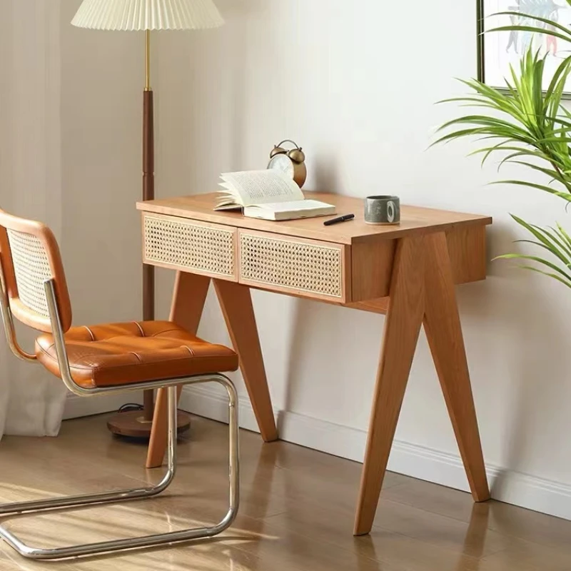 

Solid wood desk, small bedroom, study, home computer desk, white wax wood simple rattan weaving dressing table