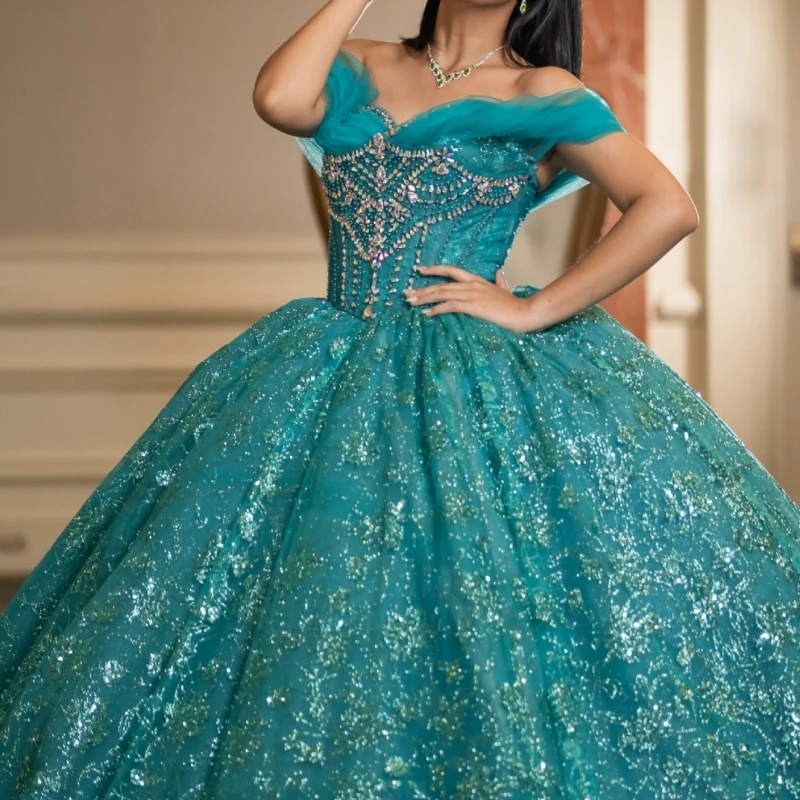

Blackish Green Shiny Quinceanera Dresses Ball Gown Off The Shoulder Sequin Applique Beads Tull Party Birthday Sweet 16 Dress