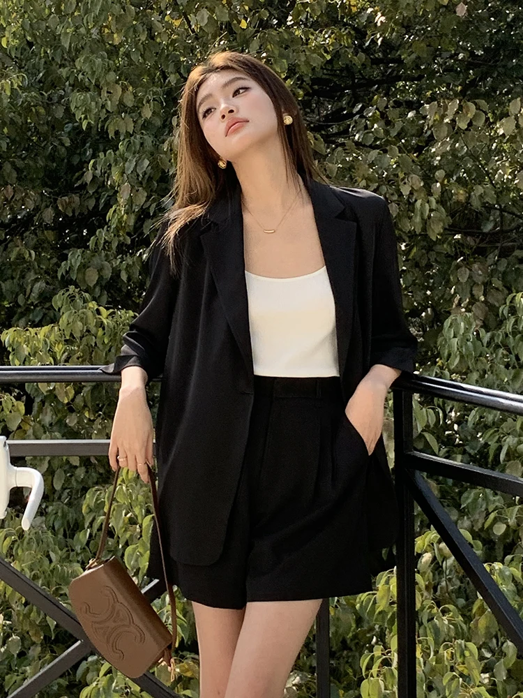 Two Pieces Summer Blazers Suits For Women Half Sleeve One Button Korean Fashion Notched Collar Wide Leg Shorts Sets  8370