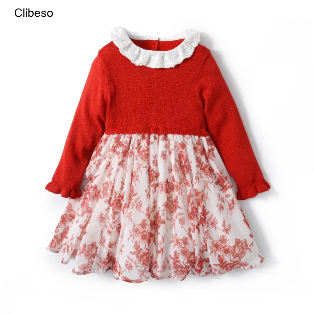 

Clibeso Knitted Dresses for Baby Girls Children Red Floral Clothing Spring Autumn Infant Long Sleeved Lace Collar Clothes