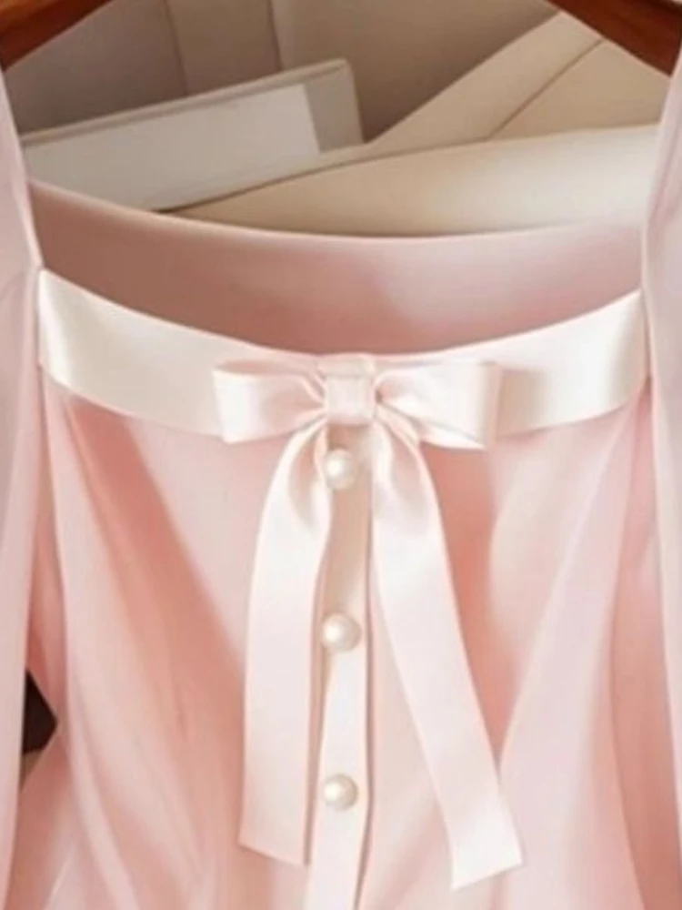 French Sweet Chiffon Blouse Women Autumn Pink Long Sleeve Square Neck Bow Top Elegant Soft Romantic Korean Style Casual Outfit