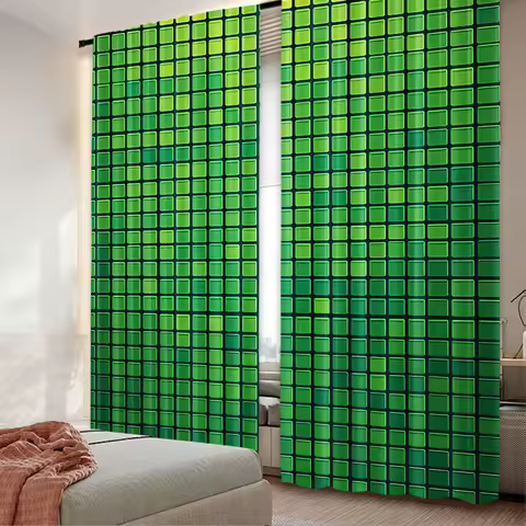 2Pcs Green Curtain Abstract Vibrant Square Pixel Mosaic Design Geometric Technology Grid Suitable For Bedroom Bathroom Living