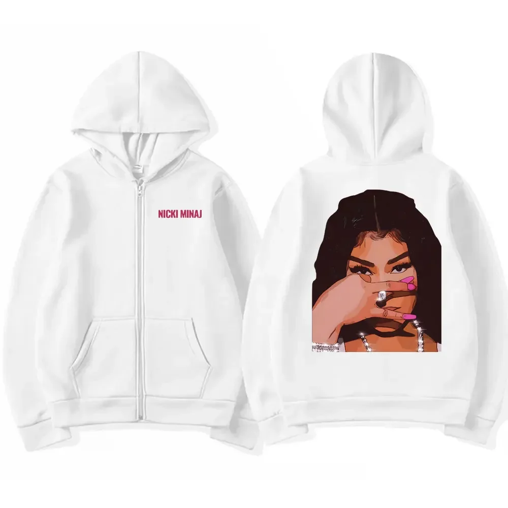 Rapper Nicki Minaj Face Print Zipper Hoodie Men Women Hip Hop Fan Loose Zip Up Jacket Unisex Casual Hoodies Oversized Sweatshirt