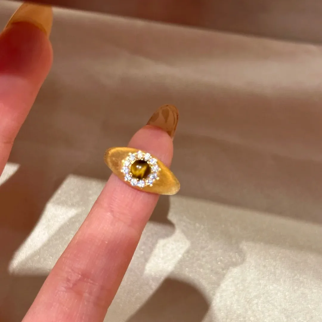 925 S925 Sterling Silver Retro Maillard Natural Tiger Eye Ring Light Luxury Elegant Stackable Micro Inlaid Hand Jewelry