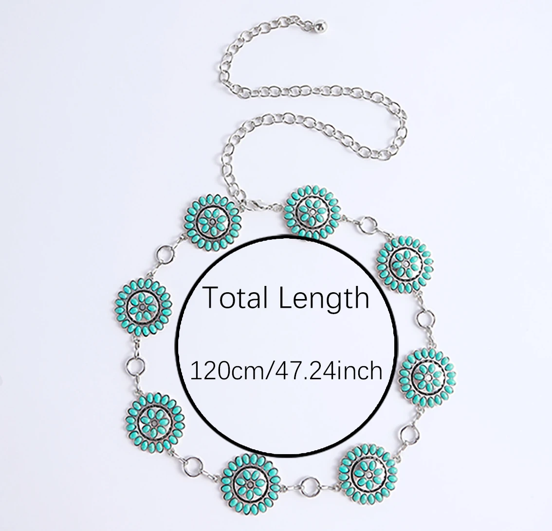 Bohemian Style Turquoise Carved Personalized Waist Chain, Classic and Versatile, Metal Vintage Hollow Out Women's Waist Chain Be