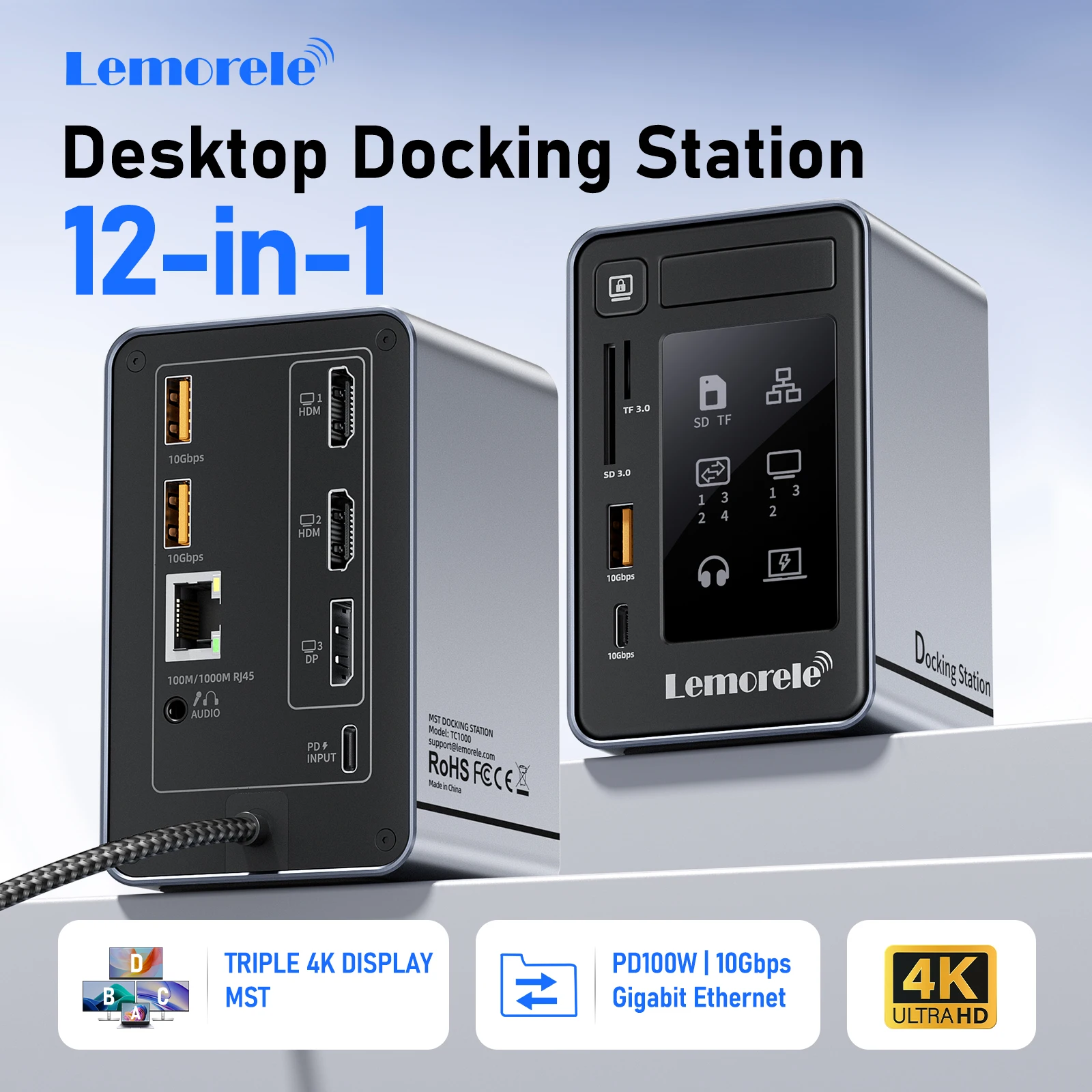 Lemorele TC1000 12-in-1 Desktop Docking Station Dual HDMI USB Type-C Hub 4K@60Hz 10Gbps RJ45 for Windows Linux Laptop