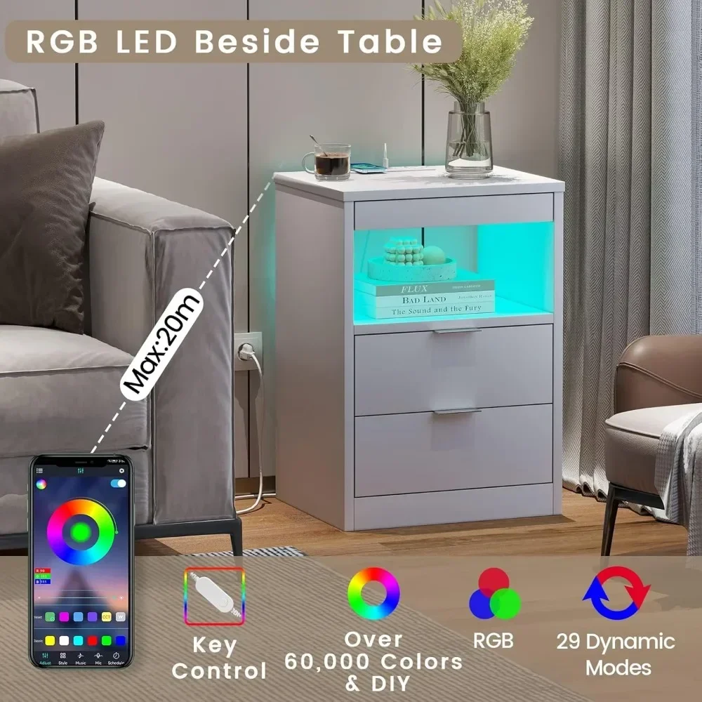 LED Nightstands  Nightstand with Wireless Charging Station 2 Drawers, Modern Bedroom End Side Table with LED Lights image 4
