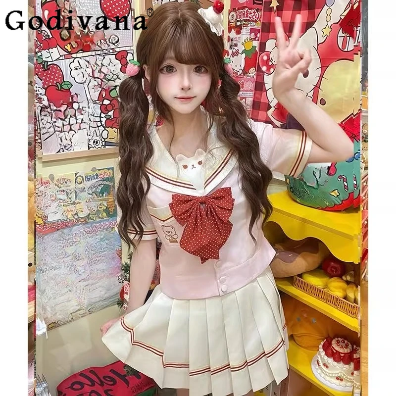 

Original Japanese Lolita Sweet Cute Sailor Uniform JK Outfit Set Sweet Girl's Short-sleeve and Long-sleeve Top Skirt 2-piece Set