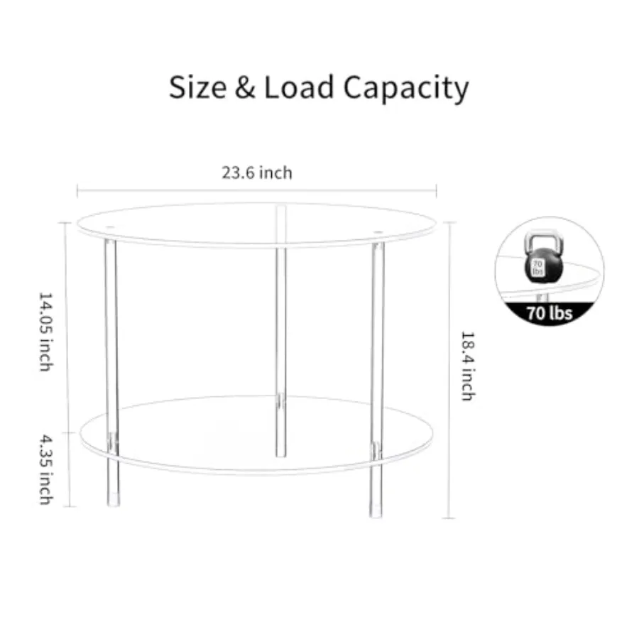 طاولة قهوة أكريليك مستديرة شفافة مع مساحة تخزين 23.6 لتر × 23.6 عرض × 18.4 ارتفاع 2 طبقة طاولات جانبية حديثة لوسيت للعيش R