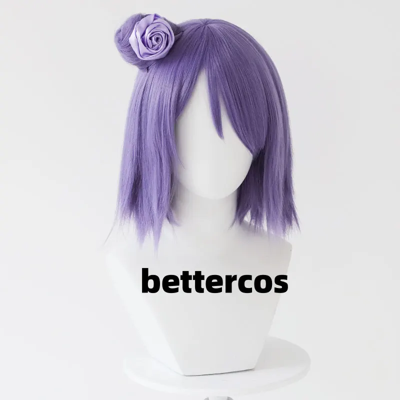 Anime Konan Cosplay Wig, Curto roxo com coque, Cabelo sintético resistente ao calor, Perucas de festa do Dia das Bruxas, Boné peruca