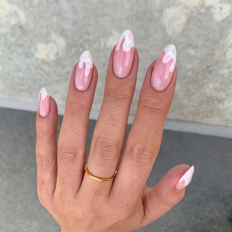 24 szt. Średniej długości migdałowe sztuczne paznokcie do wciskania z błyszczącym pudrem, wzór serca i linii, sztuczne paznokcie wielokrotnego użytku, pełne pokrycie, tipsy.