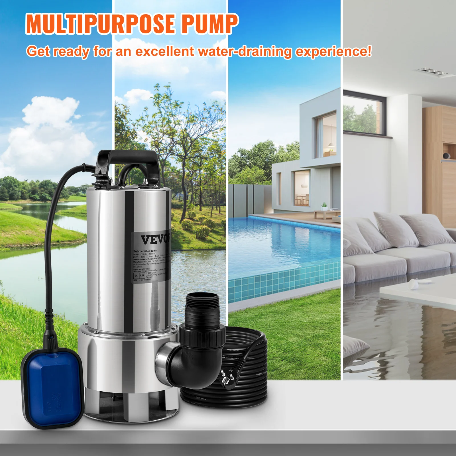 VEVOR Submersible Water Pump 1300W 20000L/H w/10m Cord Stainless Steel Submersible Water Pump Drain Floods/Swimming Pools/Pond