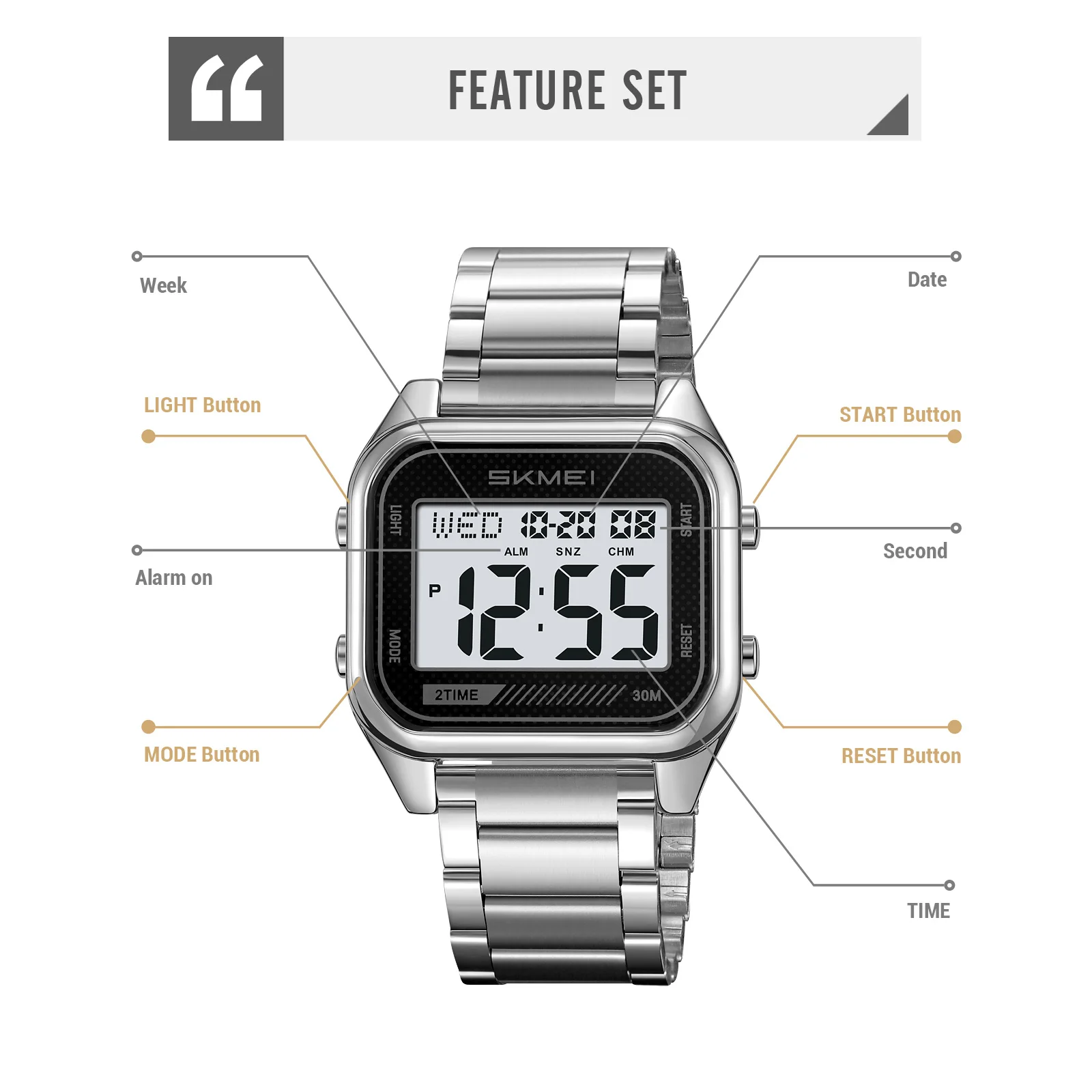 SKMEI 럭셔리 비즈니스 남성 디지털 시계 스테인레스 스틸 카운트다운 스톱워치 손목 시계 패션 전자 운동 시계 2478
