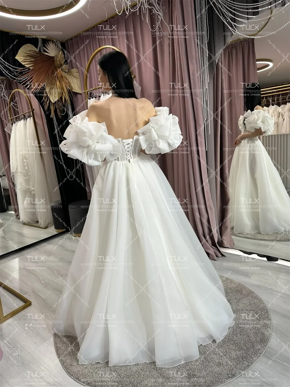 TULX 럭셔리 아이보리 오간자 퍼프 슬리브 웨딩 드레스 섹시한 스위트하트 레이스 브라이덜 가운 A라인 롱 로브 드 마리에 맞춤 제작