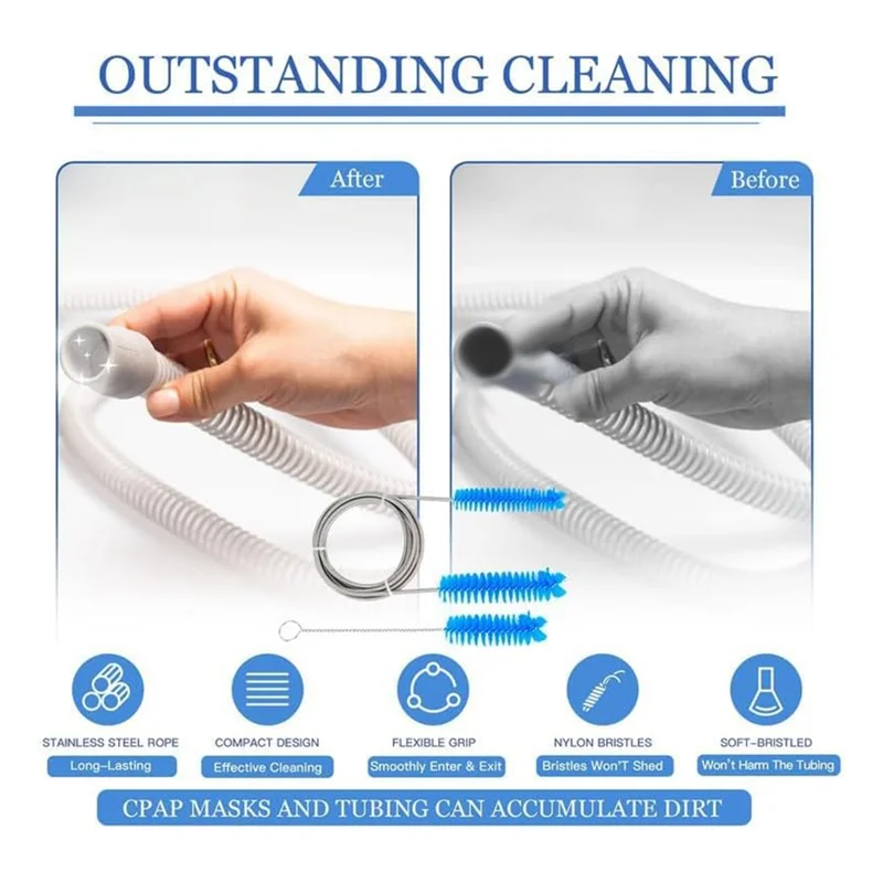 CPAP-slangreinigingsset - complete set bevat 7Ft flexibele CPAP-buisborstel, 7" CPAP-maskerborstel en 2 stuks slanghouderhaken