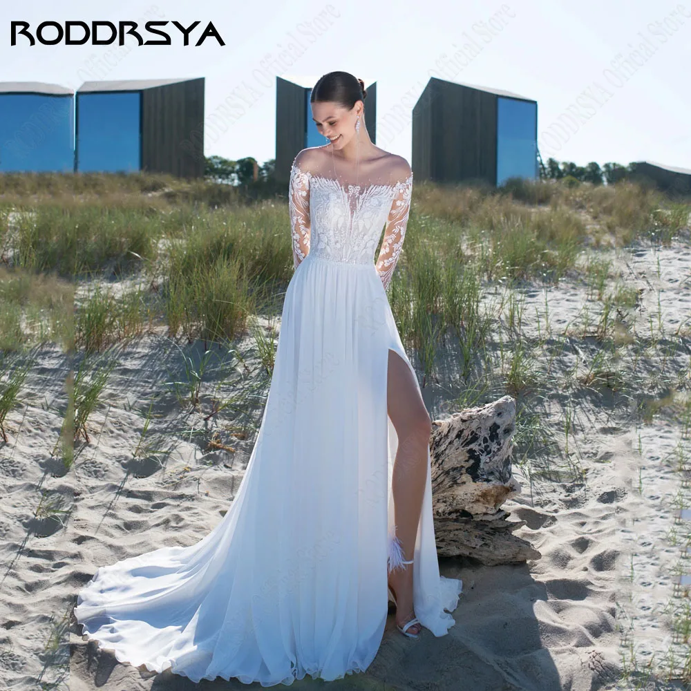 Roddrsya civil Sheer manga de encaje largo vestido de novia de RODDRSYA-vestido de novia de manga larga de encaje transparente, de línea a vestido de novia, gasa con abertura lateral, cuello redondo, Apliques de encaje