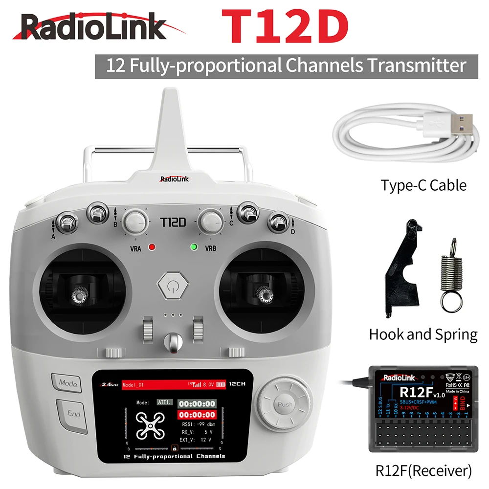 RadioLink T12D 12CH RC-zender 2,4 GHz 2,8 inch 4000 m afstand met R12F-ontvanger voor FPV Drone Vaste vleugel Auto Boot Robot