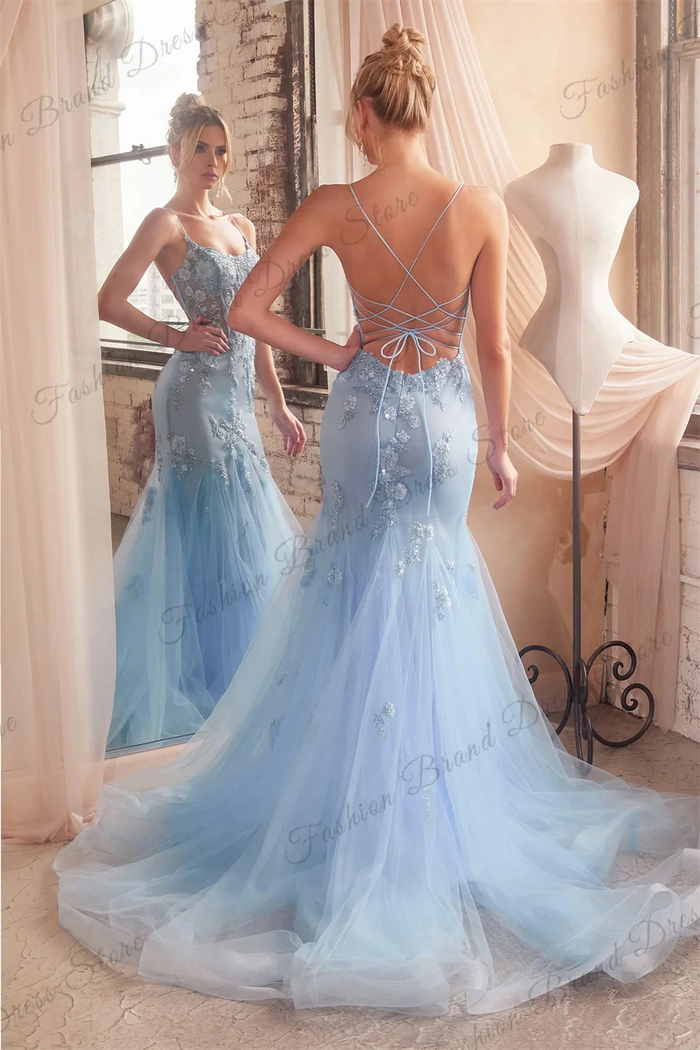 Tulle Spaghetti Strap Strapless Mermaid Evening Dresses Sheer Corset Sleeveless Prom Gown Lace Appliques Long Formal Ball Party